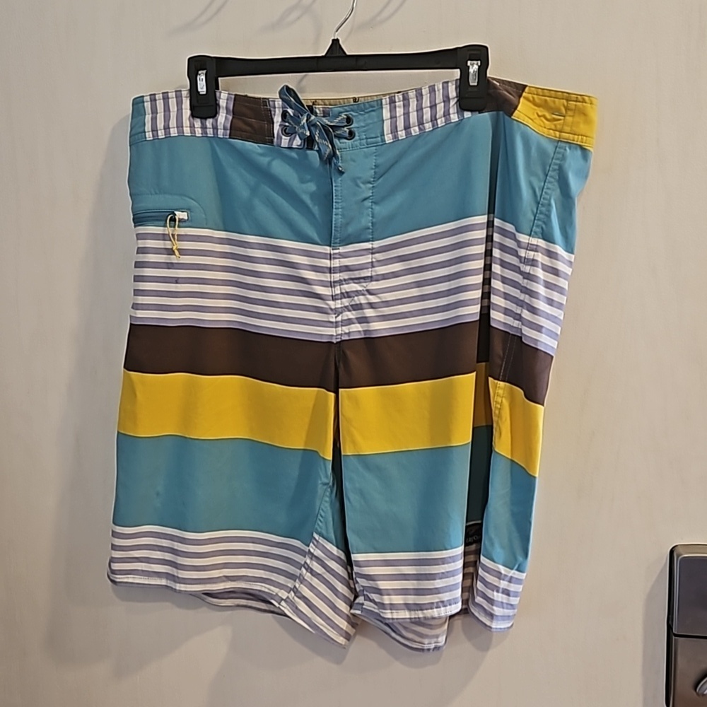 Patagonia Teal Yellow Striped Colorblock Wayfarer Swim Trunks Board Shorts 40 - Picture 2 of 9